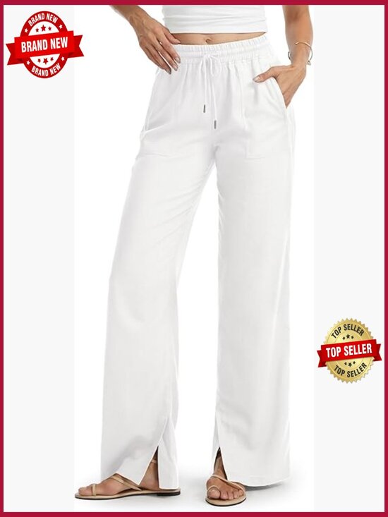 Pants - Linen Pants Wide Leg Side Slit Palazzo 32/34/36 Inseam Pockets